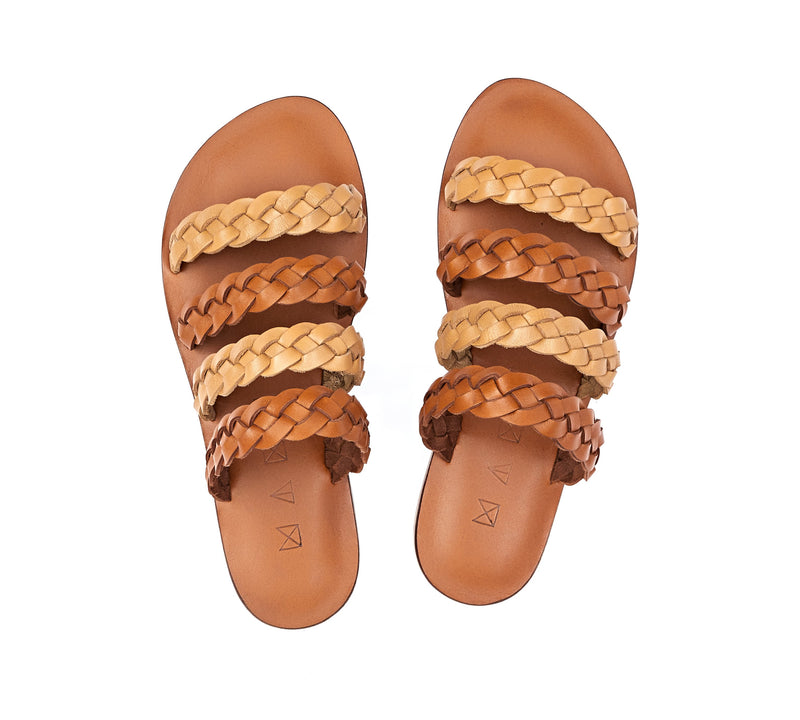 Top view of the handmade Sea women's braided slip-on leather sandals in light brown insole with natural tan and light brown straps / TAN BROWN