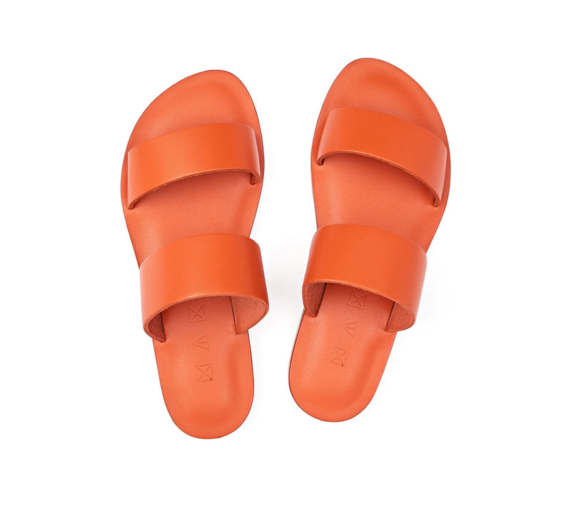 Top view of the handmade Sun women's slip-on leather sandals in orange / ORANGE