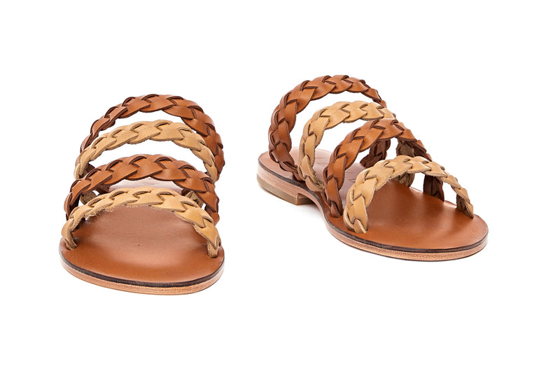 Front view of the handmade Sea women's braided slip-on leather sandals in light brown insole with natural tan and light brown straps / TAN BROWN