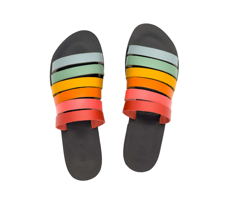 Top view of the handmade Sunshine women's slip-on leather sandals in black insole with rainbow straps / RAINBOW