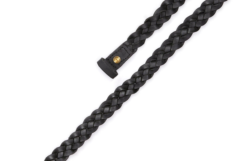 Top view of the hand braided Ivy women's leather belt in black / BLACK