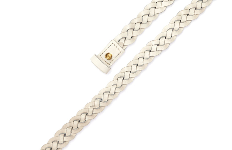 Top view of the hand braided Ivy women's leather belt in cream / CREAM