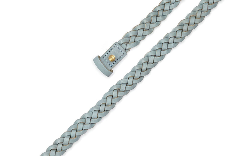 Top view of the hand braided Ivy women's leather belt in light grey / GREY