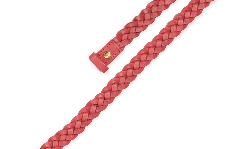 Top view of the hand braided Ivy women's leather belt in pomegranate / POMEGRANATE