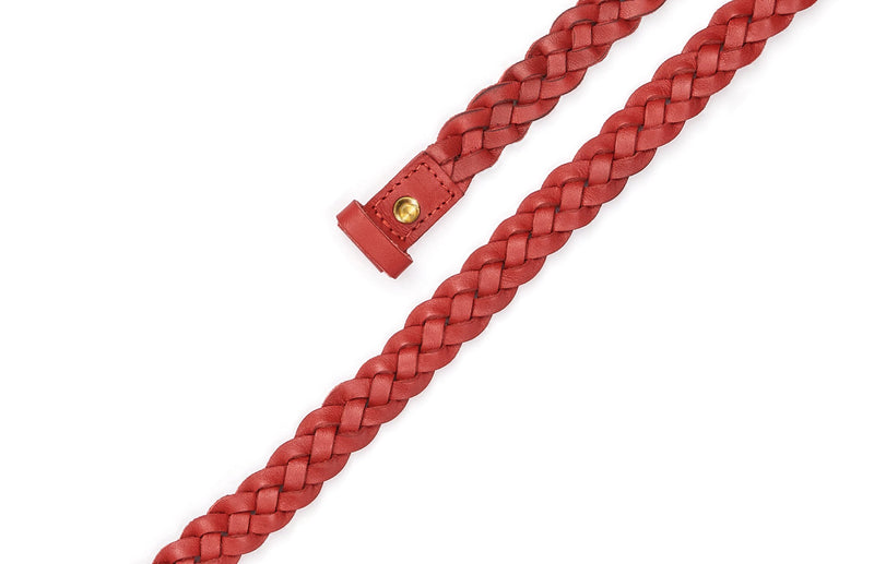 Top view of the hand braided Ivy women's leather belt in red / RED