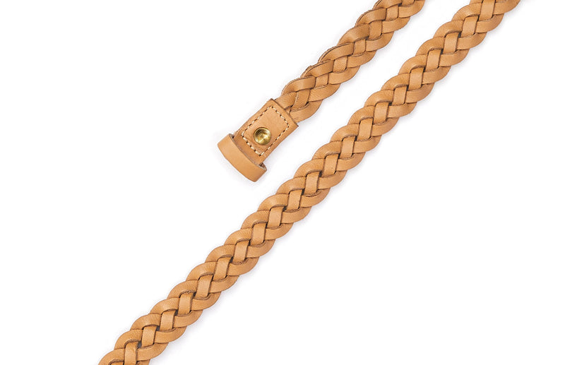 Top view of the hand braided Ivy women's leather belt in natural tan / TAN