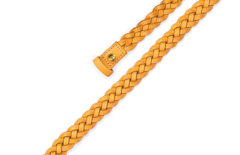 Top view of the hand braided Ivy women's leather belt in yellow / YELLOW
