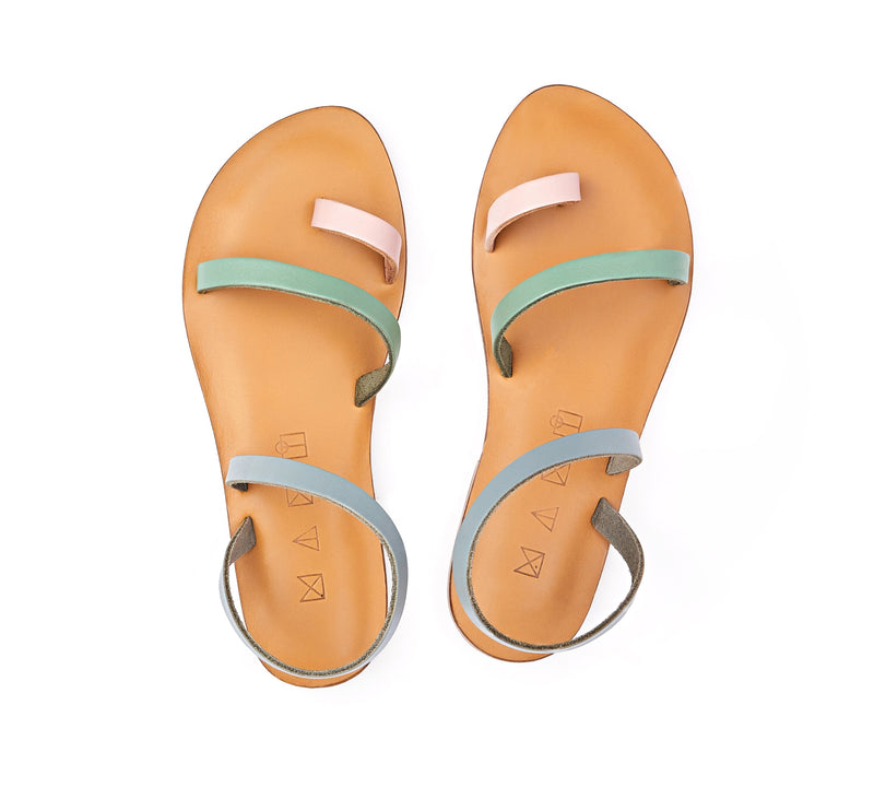 Top view of the handmade Moon women's slingback leather sandals in natural tan insole with light pastel pink, green and grey straps / PASTEL