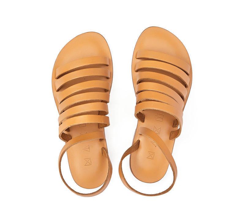 Top view of the handmade Ray women's slingback leather sandals in natural tan / TAN