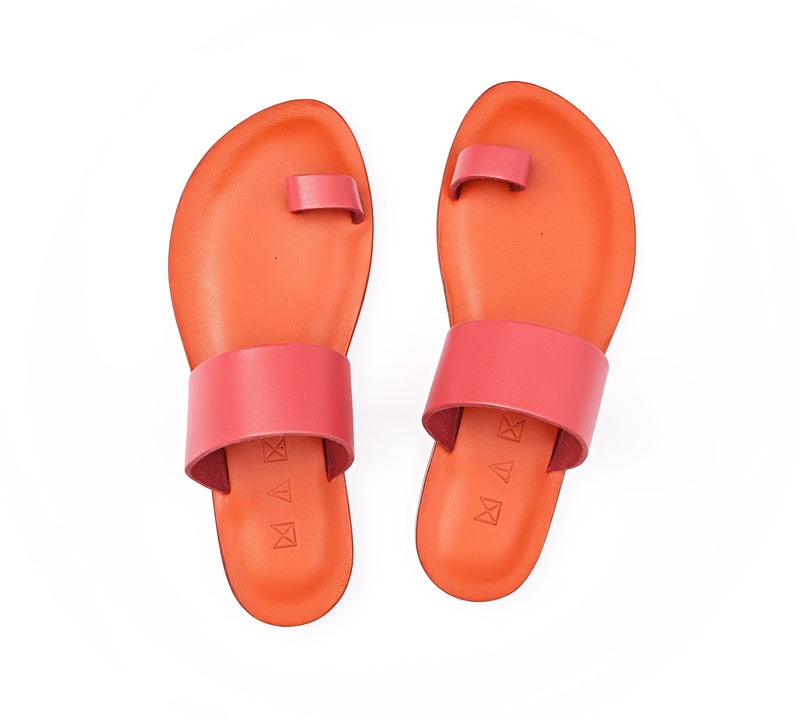 Top view of the handmade Root women's slip-on leather sandals in orange insole with pomegranate straps / POMEGRANATE