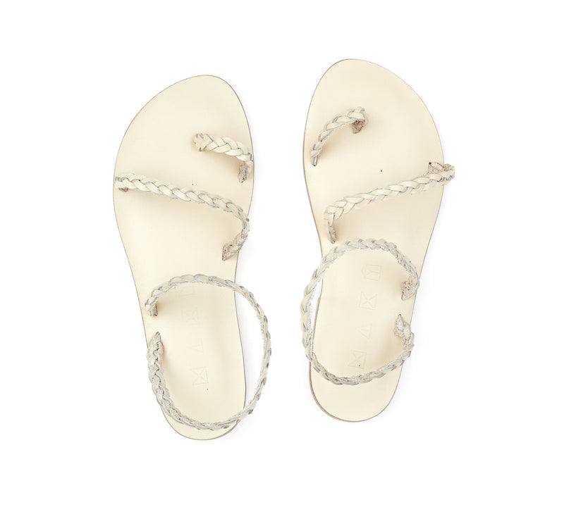 Top view of the handmade Salt women's braided slingback leather sandals in cream / CREAM