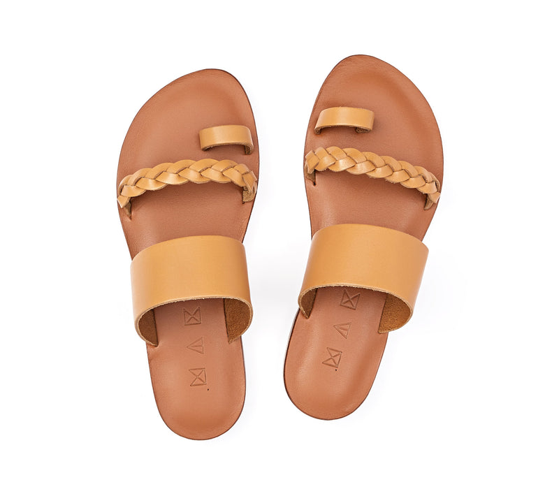 Top view of the handmade Salt women's braided slip-on leather sandals in light brown insole with natural tan straps / TAN