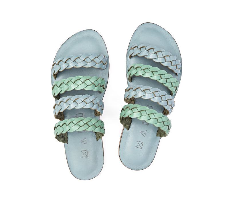 Top view of the handmade Sea women's braided slip-on leather sandals in light grey insole with light green and grey straps / GREY GREEN