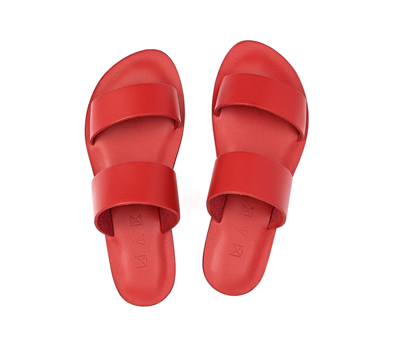Top view of the handmade Sun women's slip-on leather sandals in red / RED