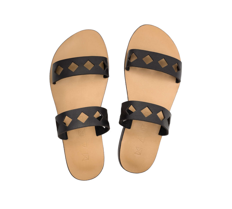 Top view of the handmade Terra women's slip-on leather sandals with tan insoles and black straps / BLACK
