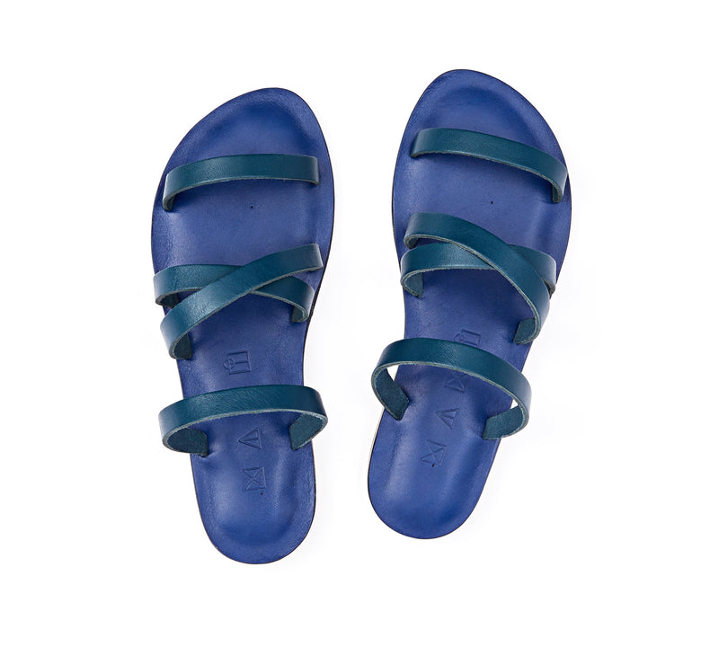 Top view of the handmade Wind women's slip-on leather sandals in night blue / MEDITERRANEAN