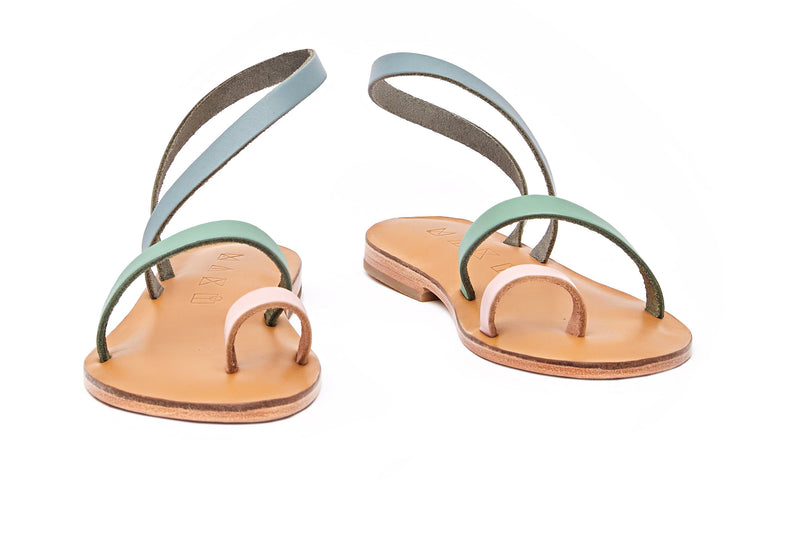 Front view of the handmade Moon women's slingback leather sandals in natural tan insole with light pastel pink green and grey straps / PASTEL