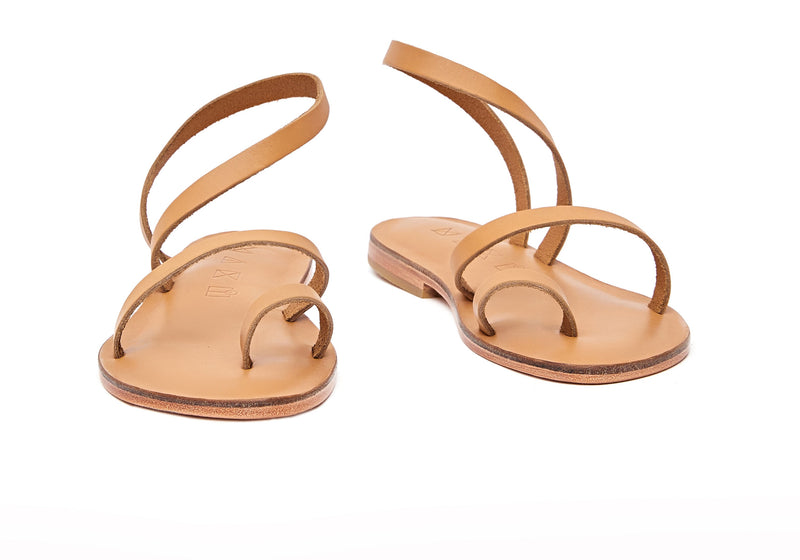 Front view of the handmade Moon women's slingback leather sandals in natural tan / TAN