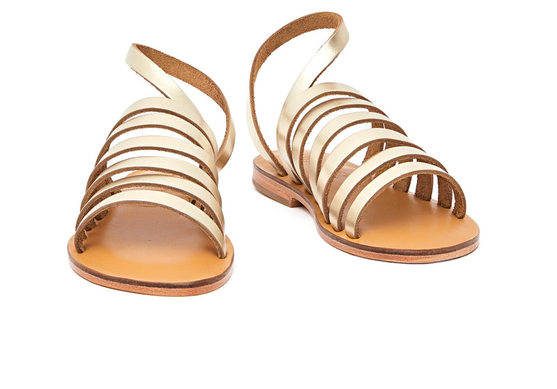 Front view of the handmade Ray women's slingback leather sandals in natural tan insole with gold straps / GOLD