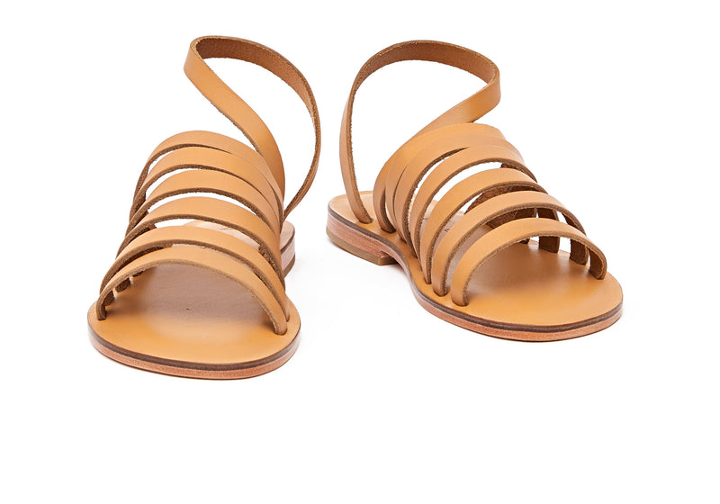 Front view of the handmade Ray women's slingback leather sandals in natural tan / TAN