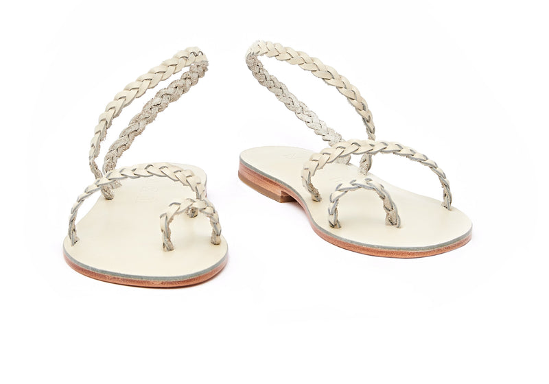 Front view of the handmade Salt women's braided slingback leather sandals in cream / CREAM