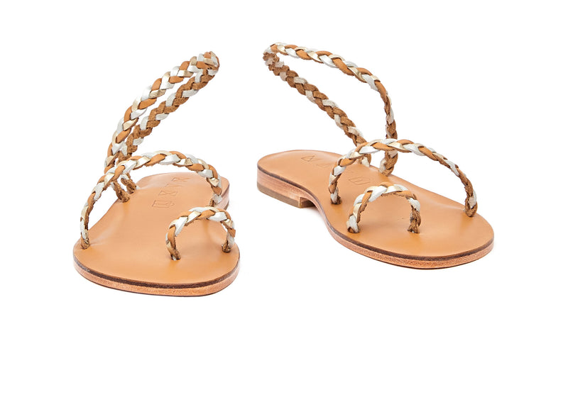 Front view of the handmade Salt women's braided slingback leather sandals in natural tan insole with gold, silver and natural tan straps / GOLD SILVER