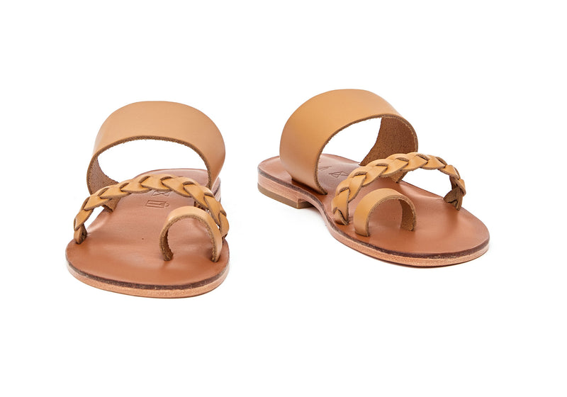 Front view of the handmade Salt women's braided slip-on leather sandals in light brown insole with natural tan straps / TAN