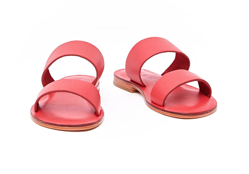 Front view of the handmade Sun women's slip-on leather sandals in pomegranate / POMEGRANATE