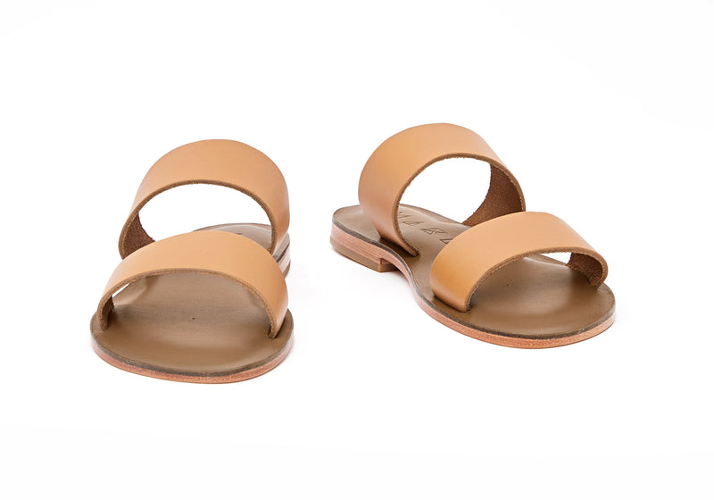 Front view of the handmade Sun women's slip-on leather sandals in olive insole with natural tan straps / TAN