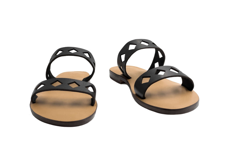 Front view of the handmade Terra women's slip-on leather sandals with tan insoles and black straps / BLACK