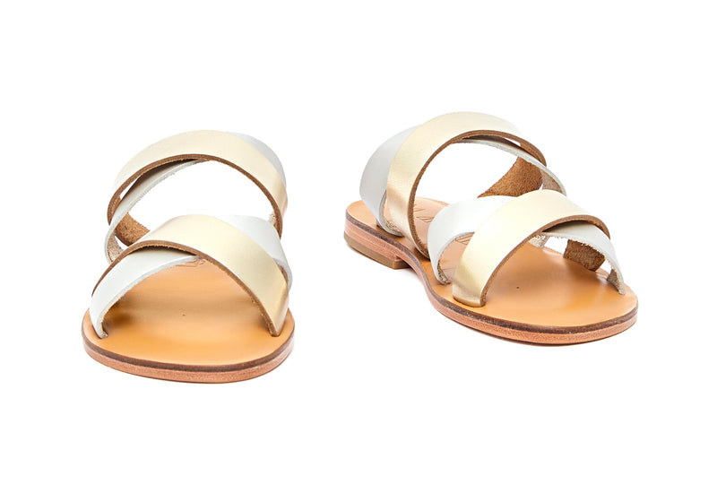 Front view of the handmade Wave women's slip-on leather sandals in natural tan insole with gold and silver straps / GOLD SILVER