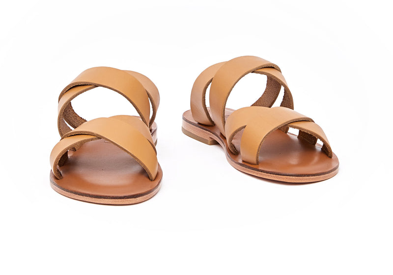Front view of the handmade Wave women's slip-on leather sandals in light brown insole with natural tan straps / TAN