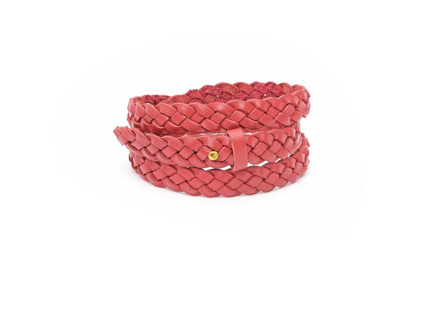 The hand braided Ivy women's leather belt in pomegranate / POMEGRANATE