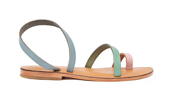 Side view of the handmade Moon women's slingback leather sandals in natural tan insole with light pink green and grey straps / PASTEL