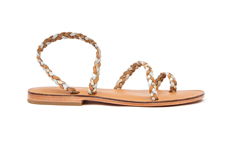 Side view of the handmade Salt women's braided slingback leather sandals in natural tan insole with gold, silver and natural tan straps / GOLD SILVER
