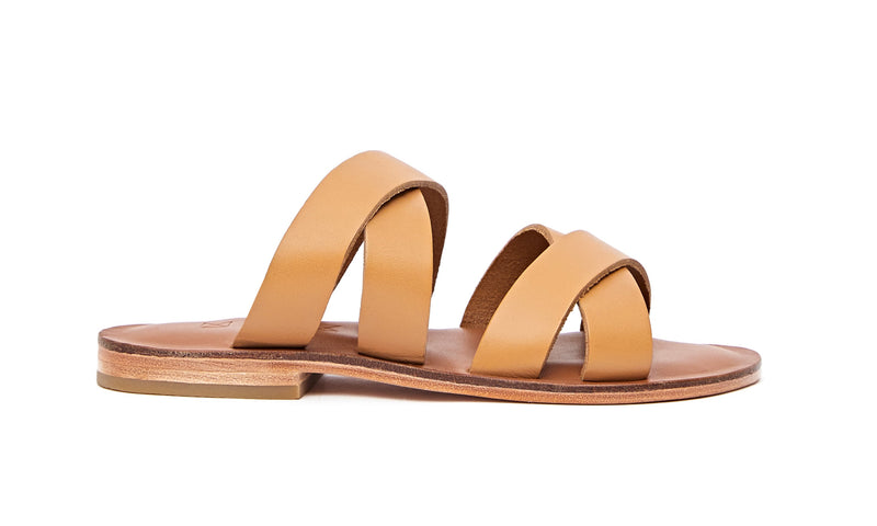 Side view of the handmade Wave women's slip-on leather sandals in light brown insole with natural tan straps / TAN