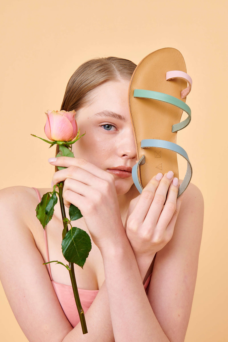 Model wearing the handmade Moon women's slingback leather sandals in pastel / PASTEL